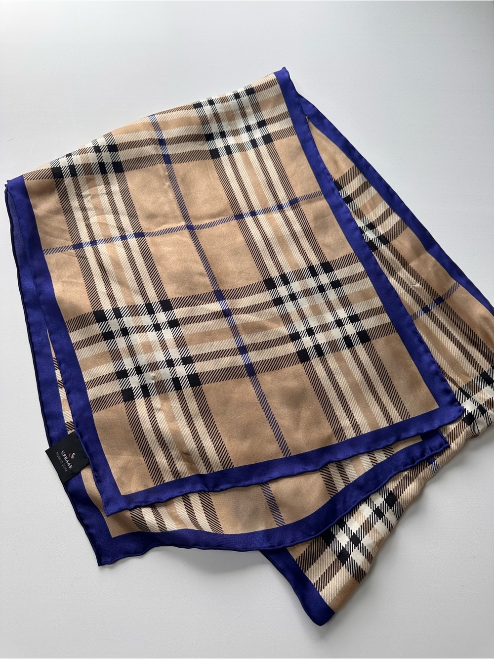 V. FRAAS 100% Silk Beige Plaid Scarf with Navy Satin Border